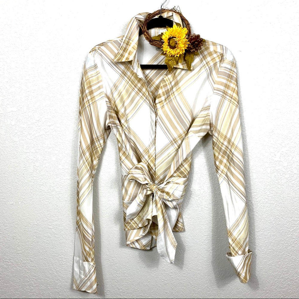 Coldwater Creek Gold Midas Plaid Tie Front Top
